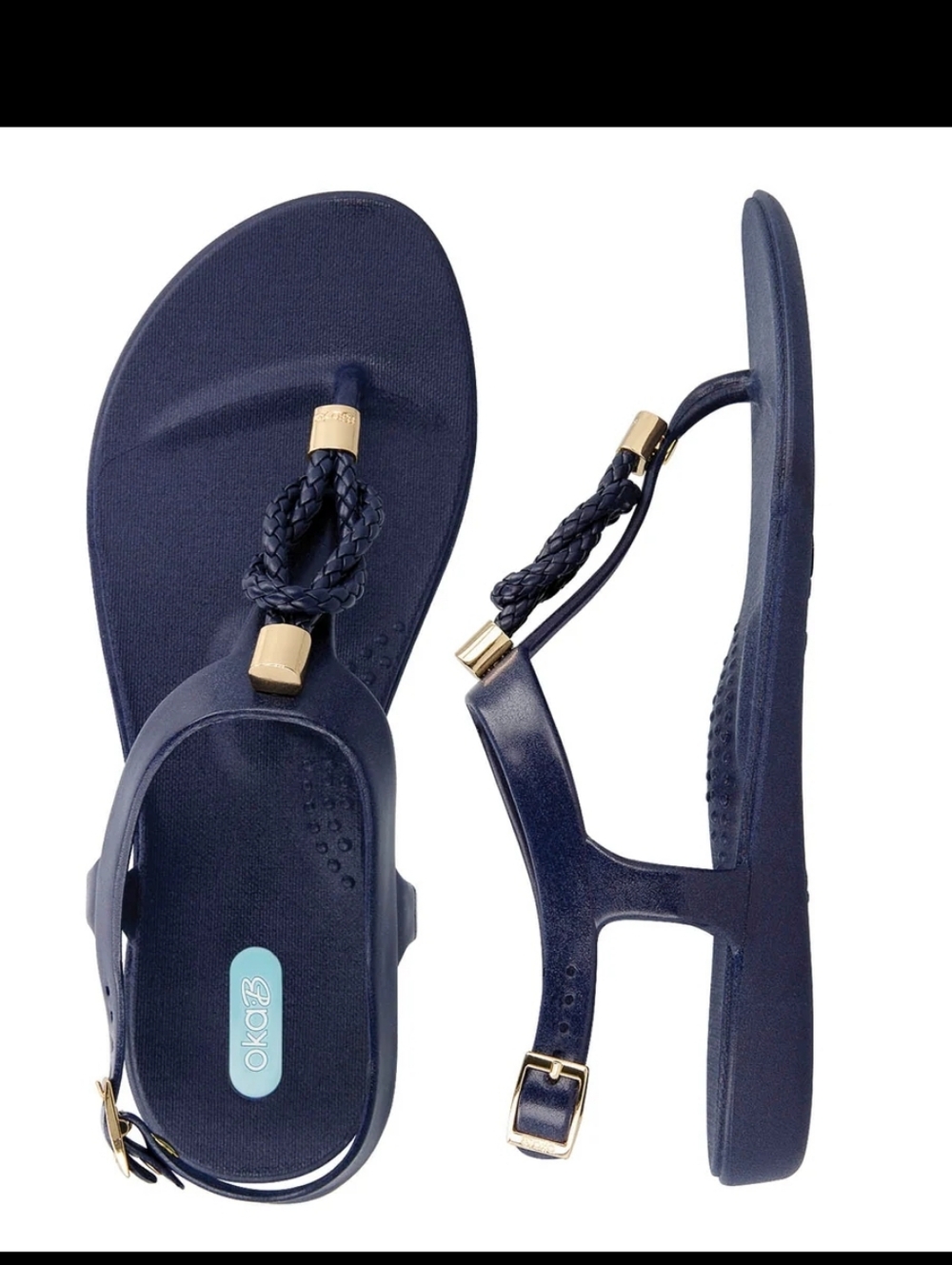 OKA b. Navy Braided Thong Sandals with Gold Hardware